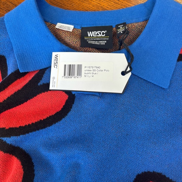 WESC Collar Blue w/Red Floral Polo 100% Cotton Oversized Men’s M Women L - Picture 9 of 11